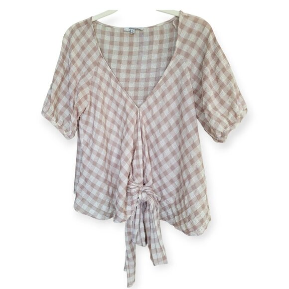 Madewell Gingham Sweetheart Wrap Top, Tan/Cream, Size M - Picture 5 of 13